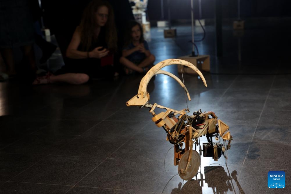 This photo taken on Aug. 22, 2023 shows a handmade robot at an exhibition in the central Israeli city of Bat Yam. These robots mimic the motions of animals like turtles and elephants, integrating elements of traditional puppetry into their mechanics and designs.(Photo: Xinhua)