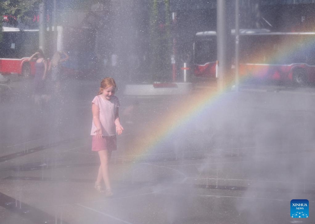 A girl cools off at a splash pad during a hot day in Vienna, Austria, on Aug. 22, 2023.(Photo: Xinhua)