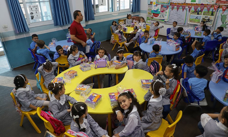 Palestinian students are pictured in a classroom on the first day of the new school year in Gaza City, on Aug. 26, 2023. Photo: Xinhua