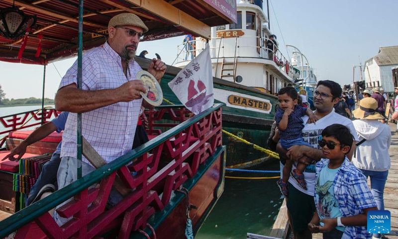 People learn about the story of Zheng He, a Chinese navigator of the Ming Dynasty (1368-1644), during the 20th Richmond Maritime Festival in Richmond, British Columbia, Canada, on Aug. 26, 2023. Photo: Xinhua