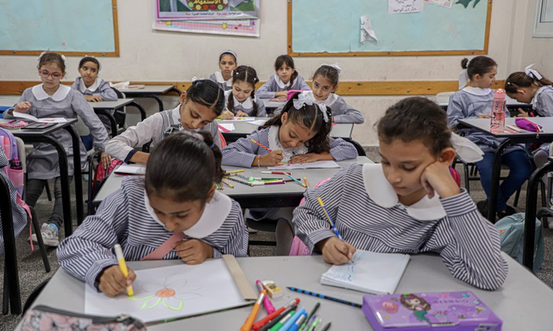 Palestinian students are pictured in a classroom on the first day of the new school year in Gaza City, on Aug. 26, 2023. Photo: Xinhua