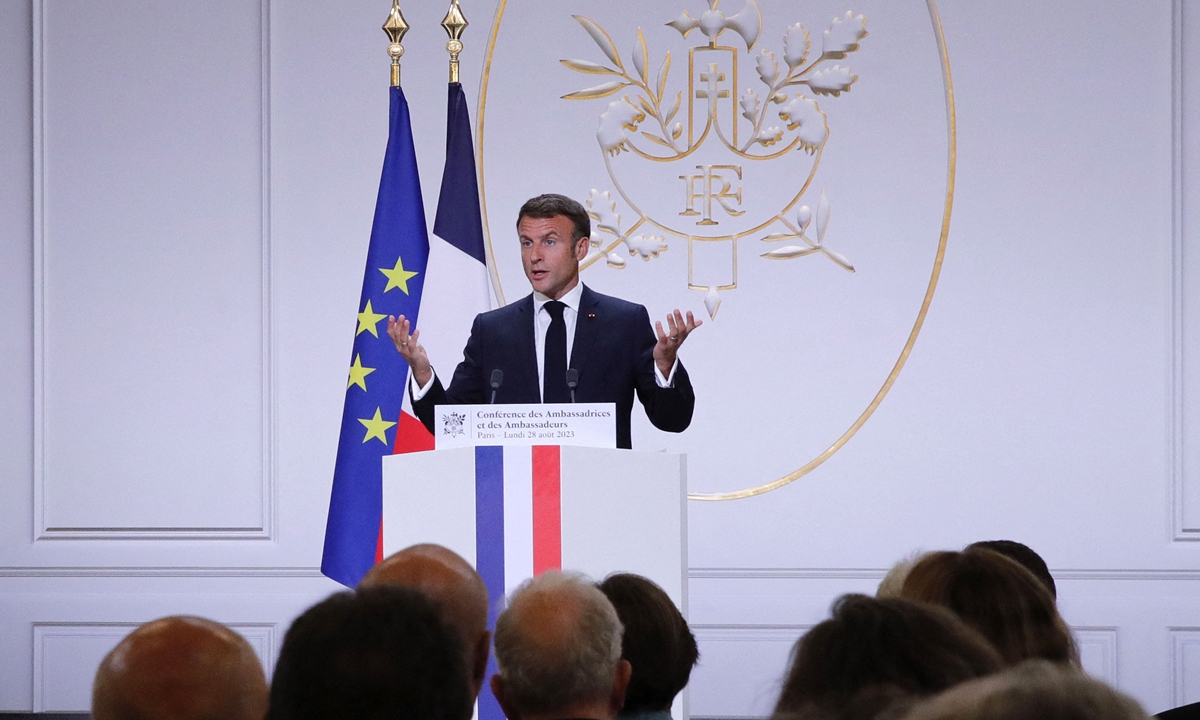 French President Emmanuel Macron addresses French ambassadors during the conference of ambassadors at the Elysee Palace in Paris, on August 28, 2023. According to media reports, Macron said the world order is changing, with the situation getting 