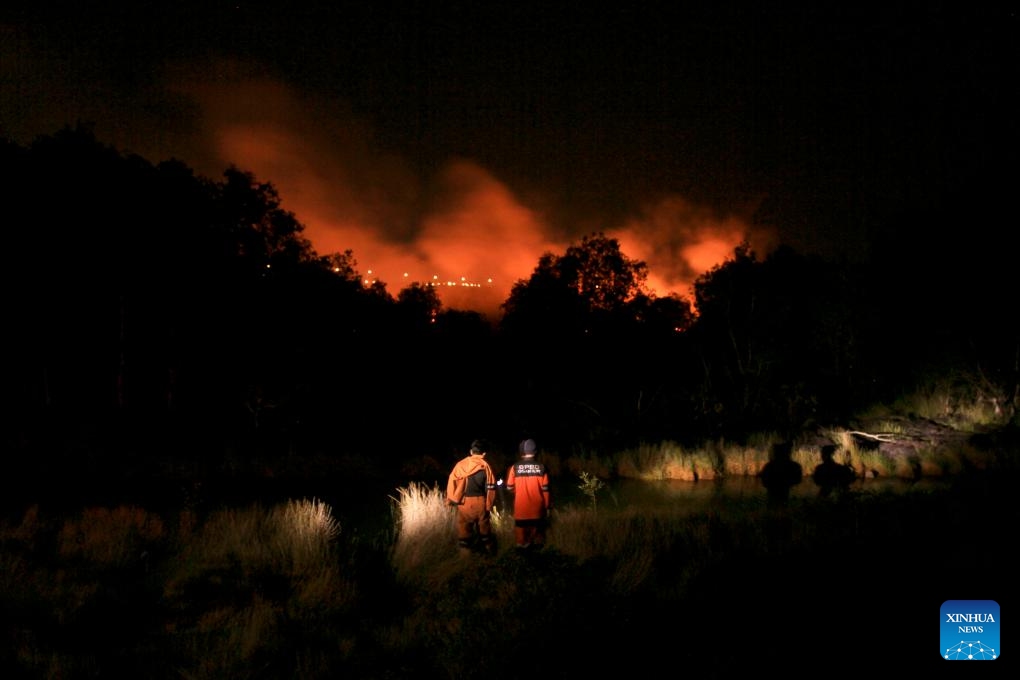 Officials from local disaster management agency walk to an area of peatland fire at Tanjung Seteko village in Ogan Ilir district, South Sumatra, Indonesia on Aug. 27, 2023.(Photo: Xinhua)