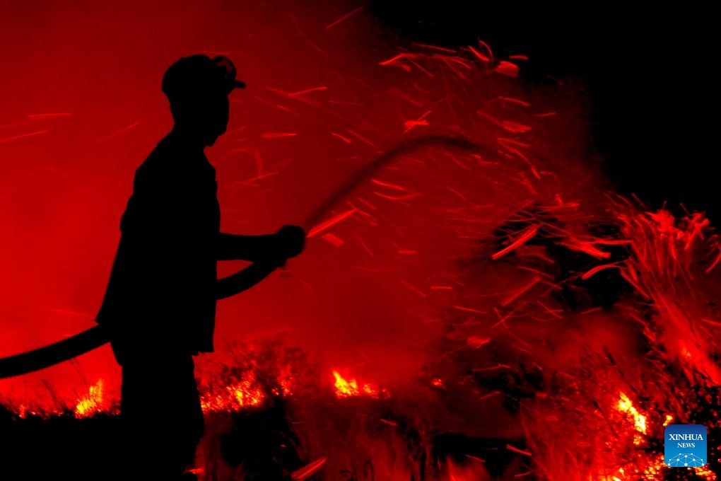 An official from local disaster management agency tries to extinguish a peatland fire at Tanjung Seteko village in Ogan Ilir district, South Sumatra, Indonesia on Aug. 27, 2023.(Photo: Xinhua)