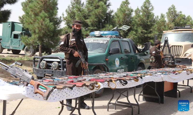 This photo taken on Aug. 29, 2023 shows the weapons seized by Afghan security forces in Balkh Province, Afghanistan. Afghan security forces have recovered a huge number of arms and ammunition in a series of operations in the northern province of Balkh on Monday, provincial head of counter-terrorism Atta Mohammad Bilal said Tuesday.(Photo: Xinhua)