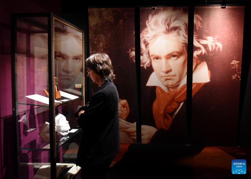 A visitor watches exhibits at Beethoven Hall of House of Music in Vienna, Austria, on Sept. 2, 2023. House of Music is an interactive sound museum located in Vienna, to provide a playful approach to understand music. Photo: Xinhua