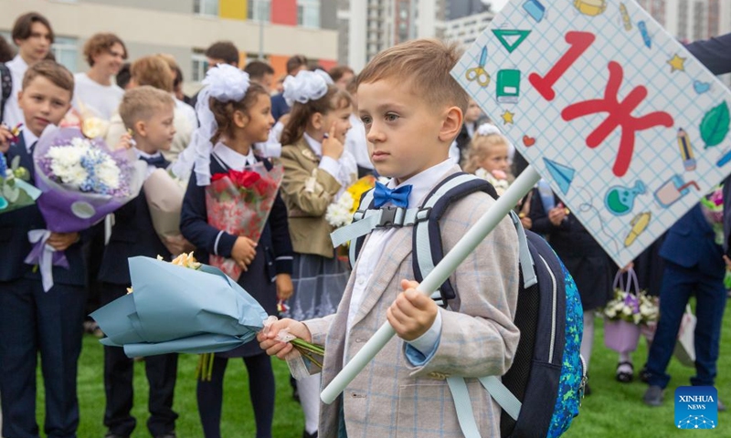 First graders attend a ceremony marking the start of the new semester at School No. 362 in St. Petersburg, Russia, Sept. 1, 2023. Russia marks the traditional Day of Knowledge on Sept. 1, which is normally the start of a new academic year. Photo: Xinhua