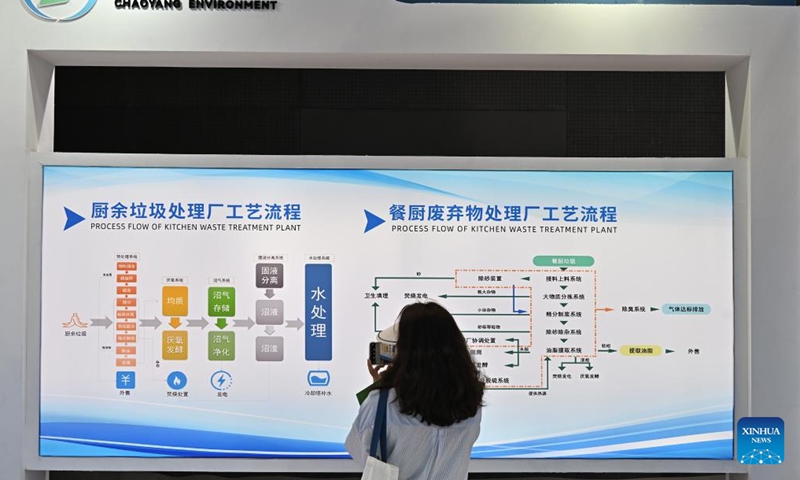 A visitor learns about the process flow of kitchen waste treatment plant at the environmental services exhibition during the 2023 China International Fair for Trade in Services (CIFTIS) in Beijing, capital of China, Sept. 2, 2023. Themed Opening-up leads development, cooperation delivers the future, the 2023 CIFTIS is being held in Beijing from Sept. 2 to 6 and features over 200 varied events, including forums, negotiations, and summits. (Photo: Xinhua)