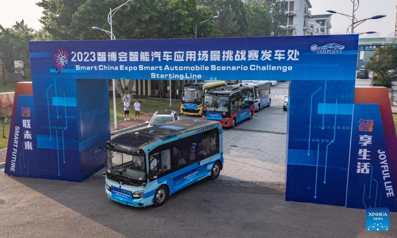 A self-driving bus takes part in the Smart China Expo Smart Automobile Scenario Challenge in Yongchuan District of southwest China's Chongqing, Sept. 2, 2023. The challenge was held in Yongchuan District of Chongqing from Sept. 1 to 3. More than 180 industry representatives and 19 teams from the field of intelligent vehicles participated in the competition. Photo: Xinhua