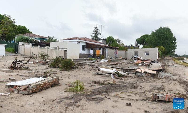 A broken house is seen after storms in Villamanta of Madrid, Spain, Sept. 4, 2023. Spain's State Meteorological Agency (AEMET) has declared a red alert for extreme weather and heavy rainfall in central and eastern Spain on Sunday.(Photo: Xinhua)