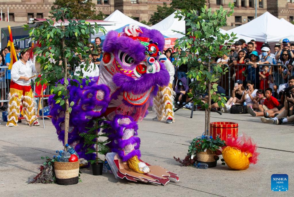 A lion dance team competes during the first Toronto Invitational Traditional Lion Dance Competition at the Nathan Phillips Square in Toronto, Canada, on Sept. 3, 2023. Four lion dance teams from different cities in Canada took part in this event here on Sunday to promote this traditional Chinese culture.(Photo: Xinhua)