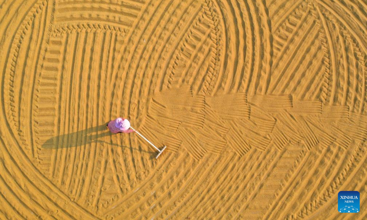 This aerial photo shows a farmer spreading millet to dry in Baofeng County, central China's Henan Province, Sep 14, 2023. Photo:Xinhua