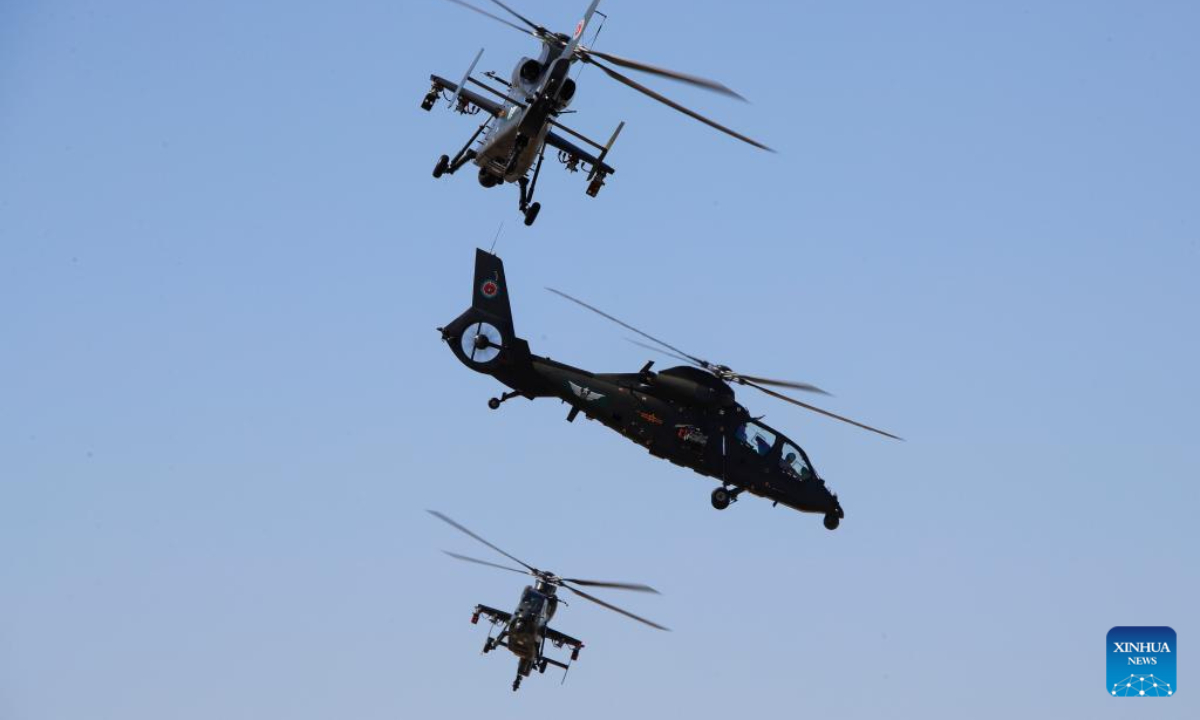 China's Fenglei aerobatic team performs at the opening ceremony of the 6th China Helicopter Exposition in north China's Tianjin Municipality Sep 14, 2023. Photo:Xinhua