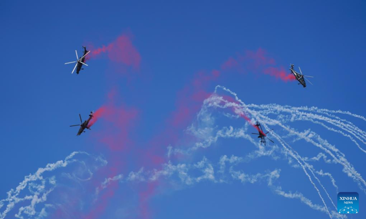 China's Fenglei aerobatic team performs at the opening ceremony of the 6th China Helicopter Exposition in north China's Tianjin Municipality Sep 14, 2023. Photo:Xinhua