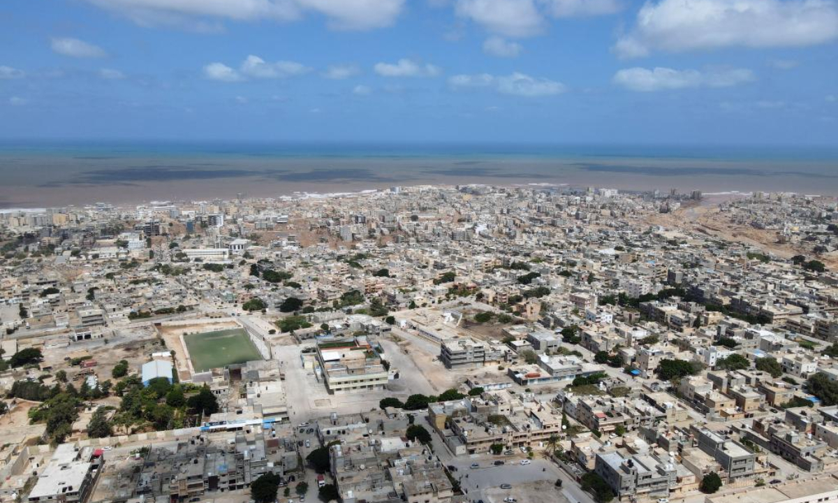 This aerial photo taken on Sep 14, 2023 shows the Derna City after floods triggered by a Mediterranean storm, some 1,300 kilometers east of Tripoli, Libya. The death toll from the storm-induced floods that struck eastern Libya has risen to 5,500, with another 7,000 injured, about 10,000 reported missing, and 30,000 displaced, according to Libya's Tripoli-based emergency services on Wednesday. Derna is the city worst damaged by the floods. Photo:Xinhua