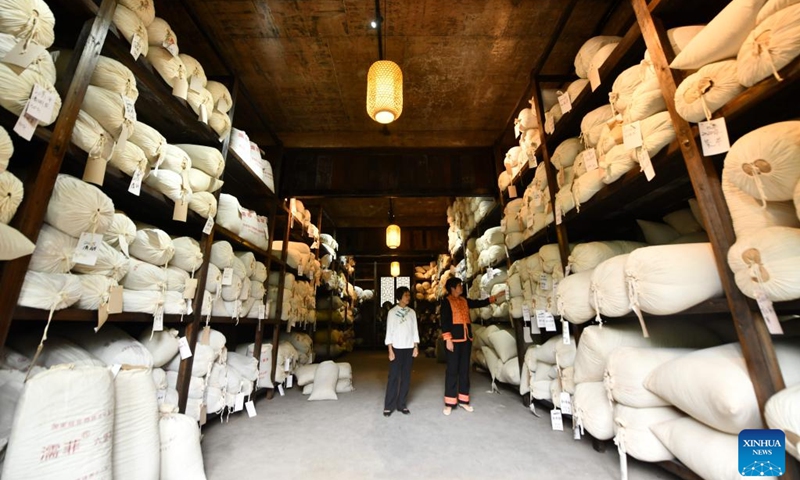 Tea masters Zhu Xuelan (R) and Wei Jiequn check the products at a tea workshop in Liubao Town of Cangwu County in Wuzhou City, south China's Guangxi Zhuang Autonomous Region, Sept. 6, 2023. Liubao tea, a Chinese dark tea characterized by its strong and lingering fragrance and medical effects, boasts a history of more than 1,500 years.(Photo: Xinhua)