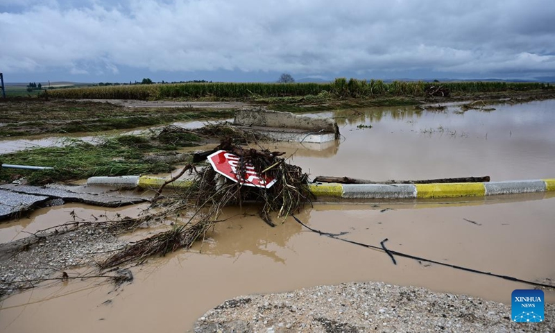 Photo taken on Sept. 7, 2023 shows a flood-effected area in Karditsa, Thessaly region, Greece. The death toll from extensive flooding caused by torrential rains in central Greece this week has reached six, with the bodies of two elderly women recovered in the Thessaly region on Thursday afternoon, Greek national broadcaster ERT has reported.(Photo: Xinhua)