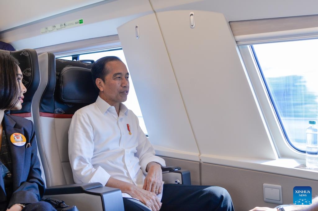 Indonesian President Joko Widodo sits in the cabin of a high-speed electric multiple unit (EMU) train for the Jakarta-Bandung High-Speed Railway in Indonesia, Sept. 13, 2023. Indonesian President Joko Widodo took a ride Wednesday on the Jakarta-Bandung High-Speed Railway (HSR), a landmark project under the China-proposed Belt and Road Initiative.(Photo: Xinhua)