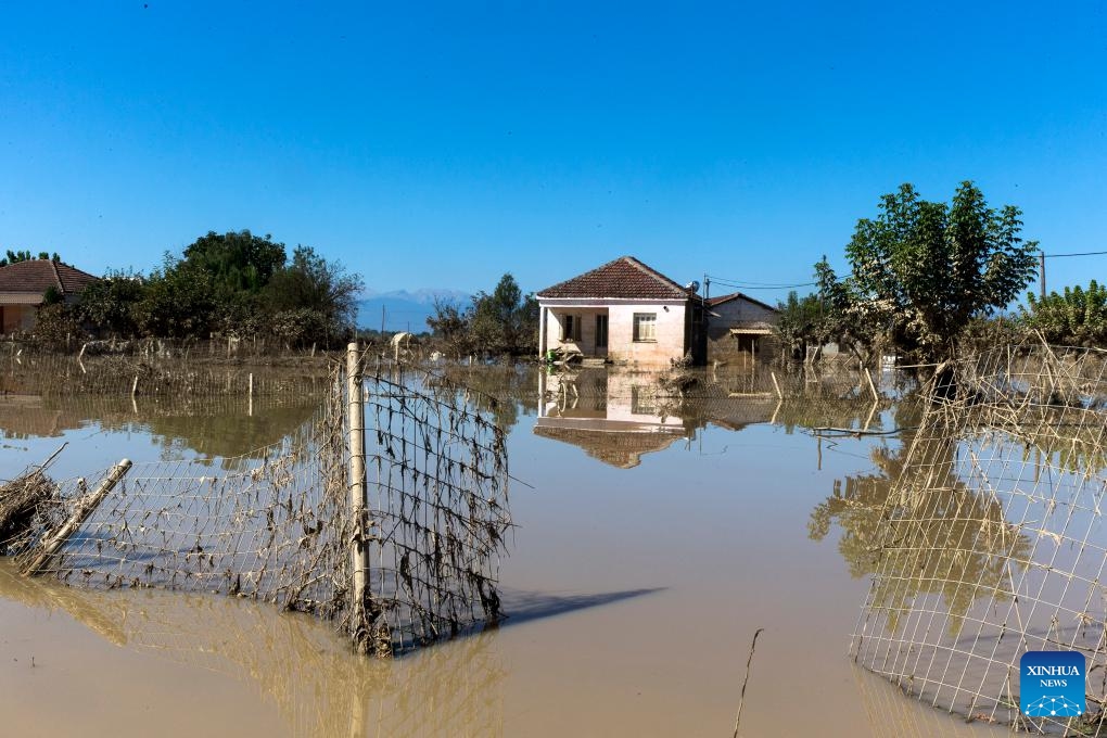 Photo taken on Sept. 12, 2023 shows a flooded area in the village of Metamorfosi, Karditsa, Greece. Regions in central Greece are on alert for the impact of the recent floods on public health, local officials said on Tuesday. Fifteen people died and 4,570 were evacuated to safety during the floods, according to the Fire Brigade.(Photo: Xinhua)