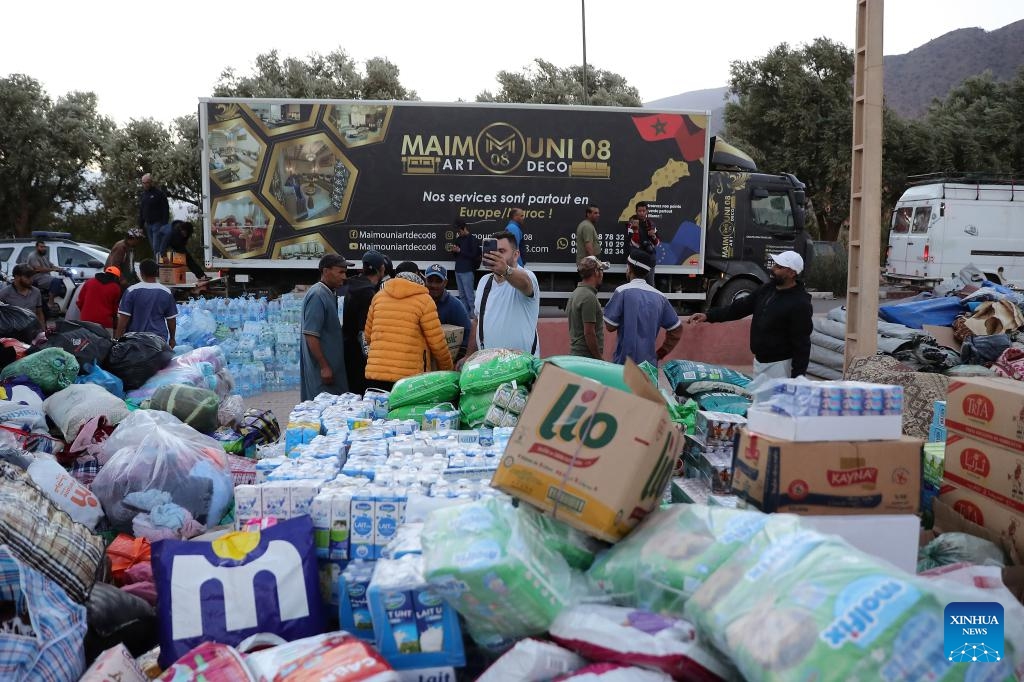 This photo taken on Sept. 12, 2023 shows aid supplies in Al Haouz Province, Morocco. The death toll from the devastating earthquake in Morocco has risen to 2,901, and the injuries to 5,530, according to the latest statement released by the Moroccan government on Tuesday.(Photo: Xinhua)