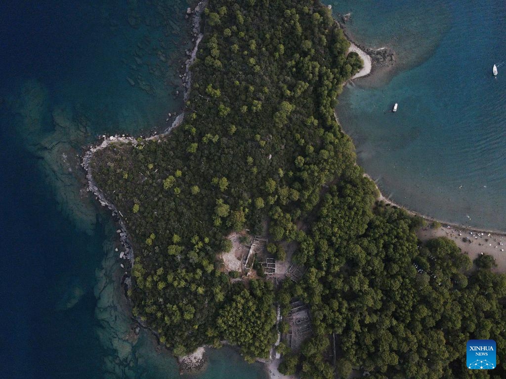 This aerial photo taken on Sept. 10, 2023 shows the ruins of the ancient city Phaselis in Antalya, Türkiye.(Photo: Xinhua)