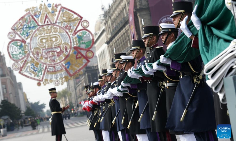 Soldiers participate in a military parade for the 213th anniversary of Mexico's Independence Day at the Zocalo Square in Mexico City, Mexico, on Sept. 16, 2023. (Photo by Francisco Canedo/Xinhua)