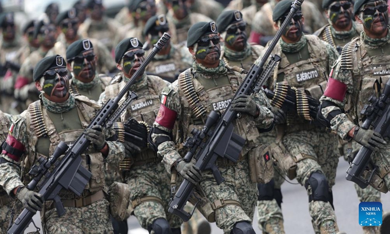 Soldiers participate in a military parade for the 213th anniversary of Mexico's Independence Day at the Zocalo Square in Mexico City, Mexico, on Sept. 16, 2023. (Photo by Francisco Canedo/Xinhua)