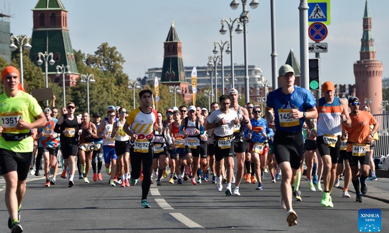 Participants take part in the 2023 Moscow Marathon in Moscow, Russia, on Sept. 17, 2023. (Photo by Alexander Zemlianichenko Jr/Xinhua)
