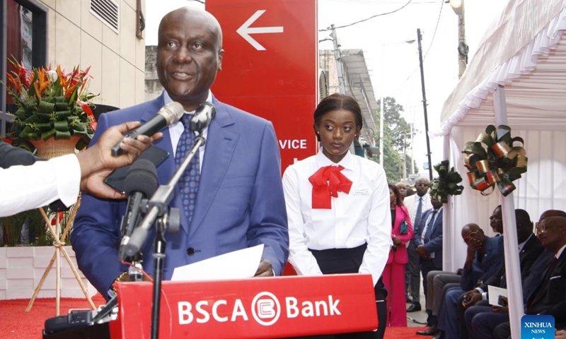 Congolese Minister of Economy and Finance Jean-Baptiste Ondaye addresses the ribbon-cutting ceremony for a new branch of the Sino-Congolese Bank for Africa (BSCA) in Brazzaville, capital of the Republic of the Congo, Sept. 22, 2023. (Photo by Guy-Gervais Kitina/Xinhua)