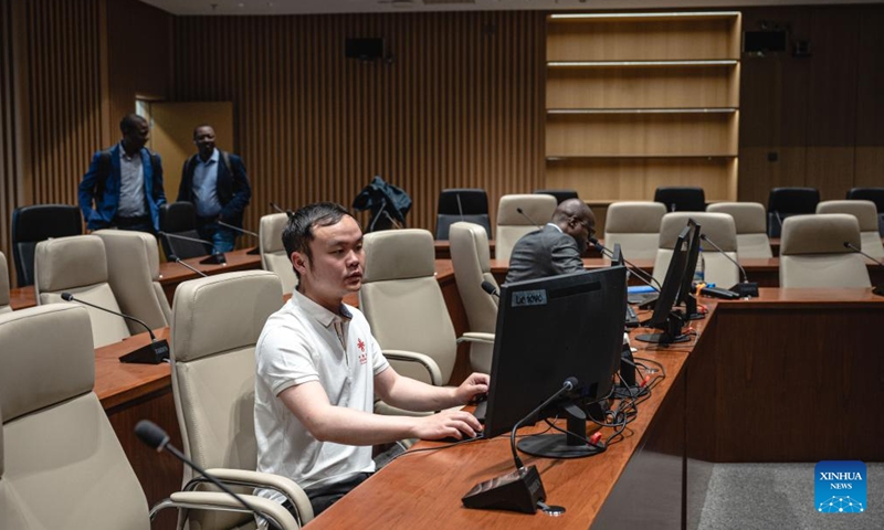 A staff member of the Chinese technical service team works at the headquarters of the Africa Centers for Disease Control and Prevention (Africa CDC) in Addis Ababa, Ethiopia, Sept. 11, 2023. Located in the southern suburbs of Addis Ababa, the China-aided headquarters of the Africa CDC was officially inaugurated in January 2023.(Photo: Xinhua)