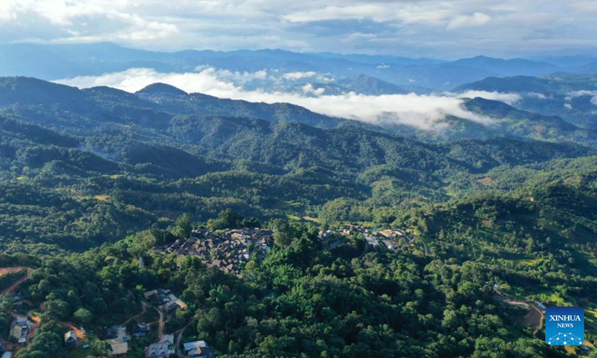 This aerial photo taken on Sept. 17, 2023 shows the Jingmai Mountain in Pu'er City, southwest China's Yunnan Province. The Cultural Landscape of Old Tea Forests of Jingmai Mountain in Pu'er was inscribed on the UNESCO World Heritage List on Sunday at the extended 45th session of the UNESCO World Heritage Committee in Riyadh, Saudi Arabia, making it China's 57th World Heritage Site. (Xinhua/Tang Rufeng)






