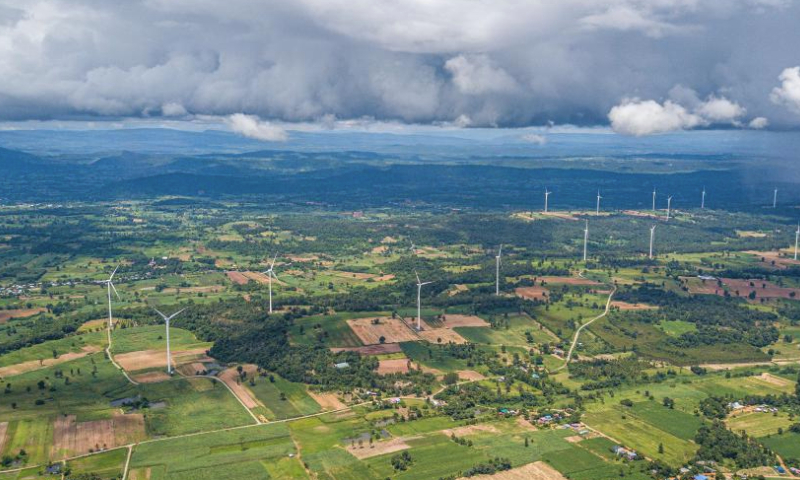 This aerial photo taken on Oct. 5, 2023 shows China's Goldwind wind turbines in Chaiyaphum, Thailand. The Chaiyaphum wind farm hosts 32 of China's Goldwind wind turbines with a total capacity of 80 MW and is operated by EGCO, a major energy producer affiliated to the largest state utility Electricity Generating Authority of Thailand. (Xinhua/Wang Teng)