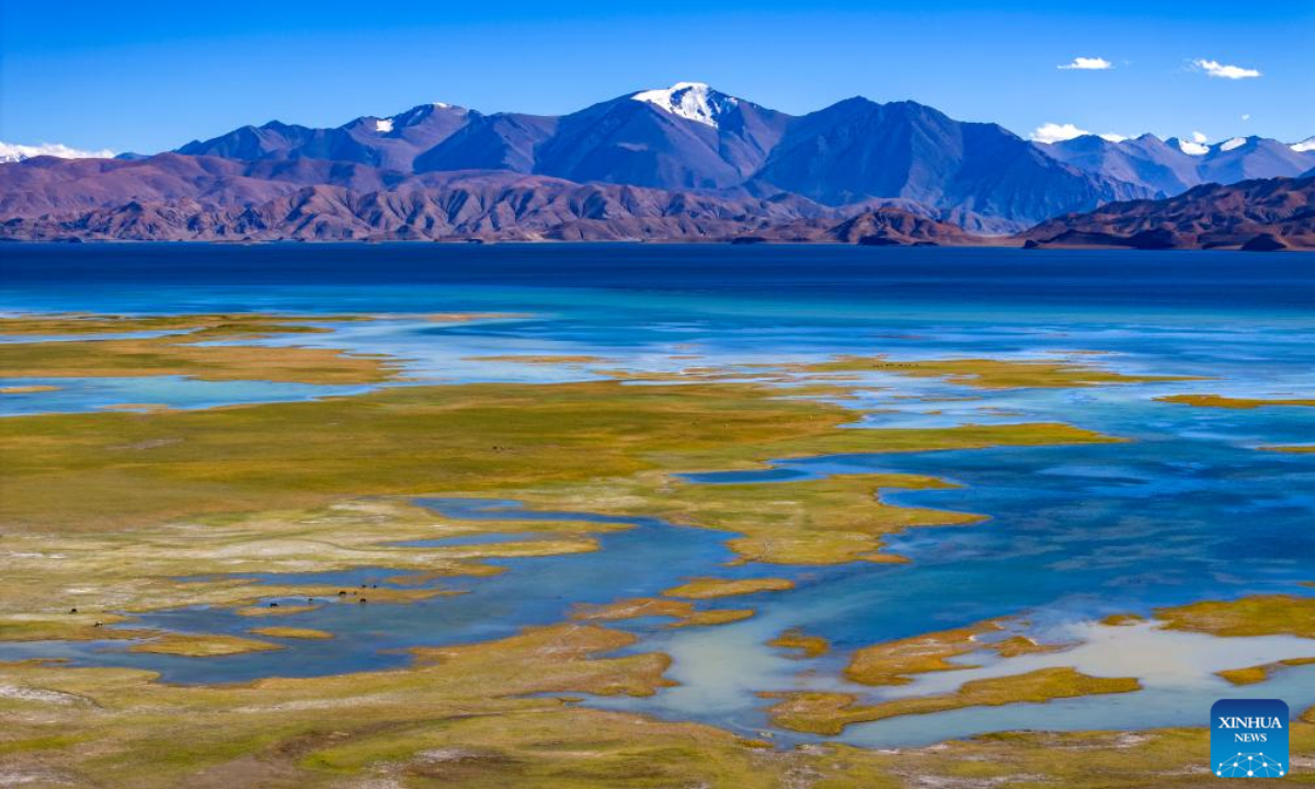 This aerial photo taken on Sep 21, 2023 shows wetlands by the Banggong Co in Rutog County of Ngari Prefecture of southwest China's Tibet Autonomous Region. Photo:Xinhua