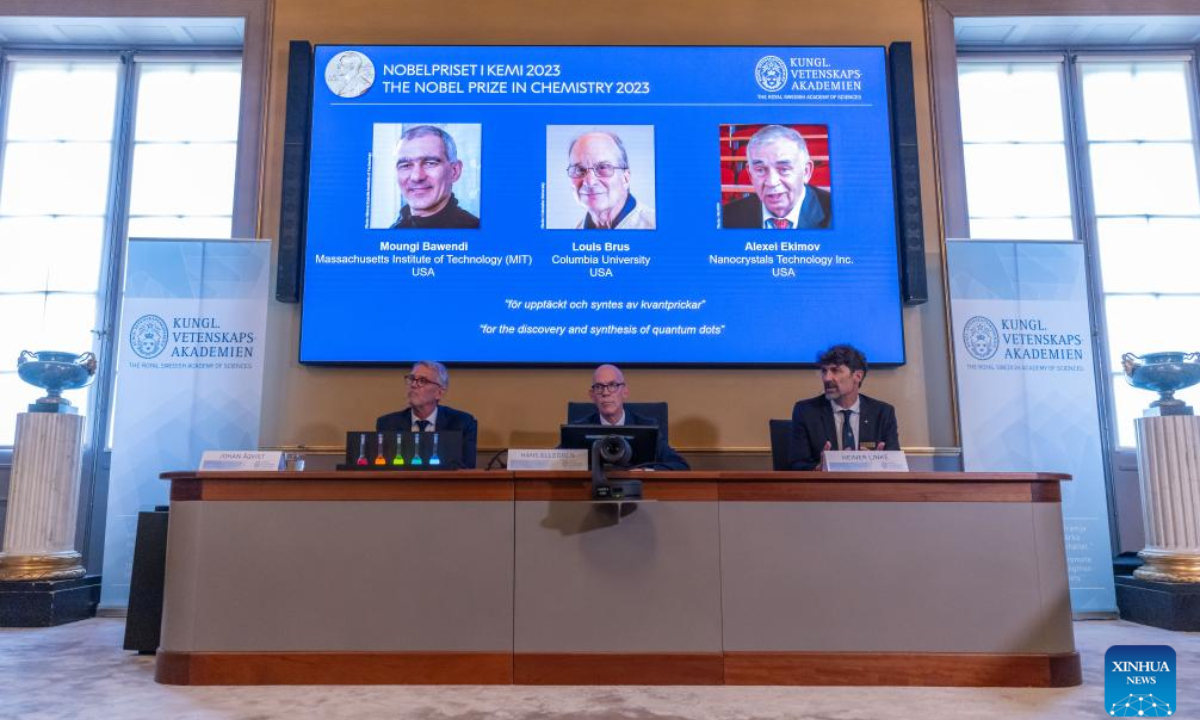 Portraits of Nobel Laureates in Chemistry 2023 Moungi G. Bawendi (L), Louis E. Brus (M) and Alexei I. Ekimov are shown on a screen during the prize announcement at the Royal Swedish Academy of Sciences in Stockholm, Sweden, Oct 4, 2023. Photo:Xinhua