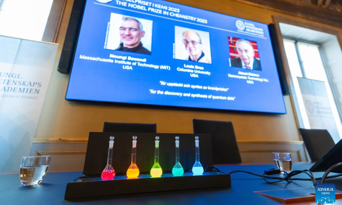 Portraits of Nobel Laureates in Chemistry 2023 Moungi G. Bawendi (L), Louis E. Brus (M) and Alexei I. Ekimov are shown on a screen during the prize announcement at the Royal Swedish Academy of Sciences in Stockholm, Sweden, Oct 4, 2023. Photo:Xinhua