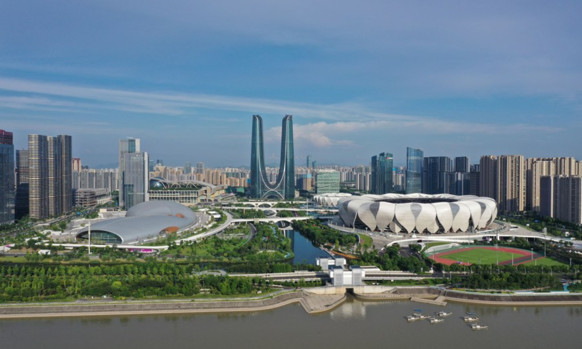 This aerial photo taken on June 28, 2023 shows the Hangzhou Olympic Sports Center in Hangzhou, east China's Zhejiang Province. Photo:Xinhua