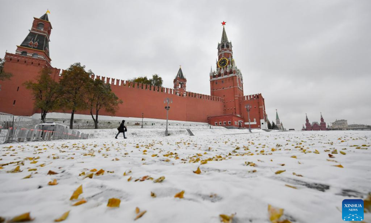 A person walks at snow-covered Red Square in Moscow, Russia, on Oct 27, 2023. Photo:Xinhua