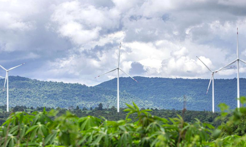 This photo taken on Oct. 5, 2023 shows China's Goldwind wind turbines in Chaiyaphum, Thailand. The Chaiyaphum wind farm hosts 32 of China's Goldwind wind turbines with a total capacity of 80 MW and is operated by EGCO, a major energy producer affiliated to the largest state utility Electricity Generating Authority of Thailand. (Xinhua/Wang Teng)