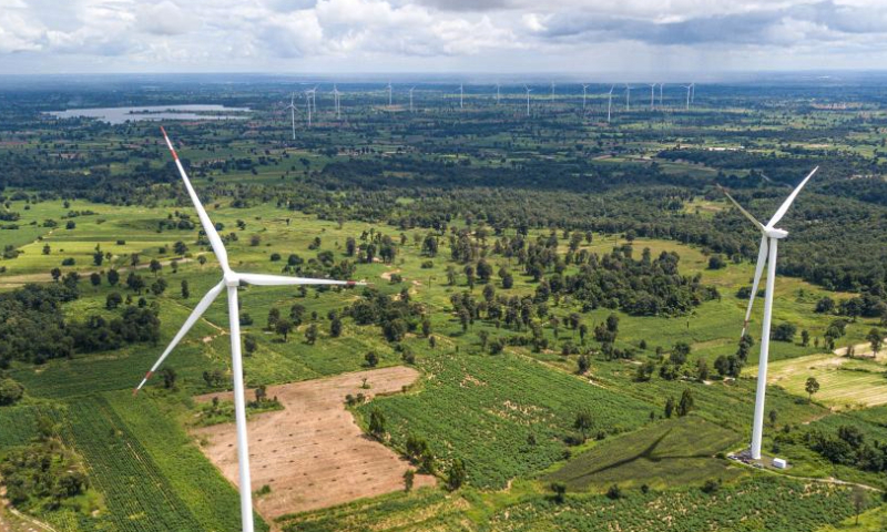 This aerial photo taken on Oct. 5, 2023 shows China's Goldwind wind turbines in Chaiyaphum, Thailand. The Chaiyaphum wind farm hosts 32 of China's Goldwind wind turbines with a total capacity of 80 MW and is operated by EGCO, a major energy producer affiliated to the largest state utility Electricity Generating Authority of Thailand. (Xinhua/Wang Teng)