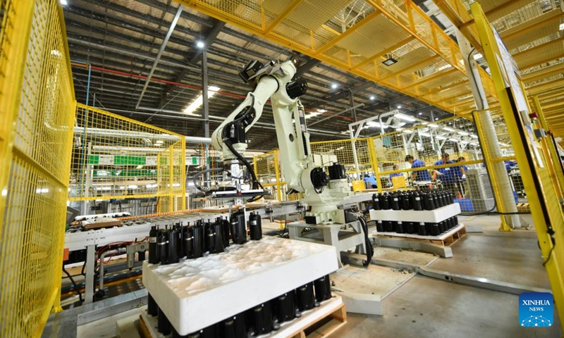 A robot works on a production line of an electrical equipment company in Liuzhou City, south China's Guangxi Zhuang Autonomous Region, Sept. 21, 2023. In recent years, Liuzhou has been promoting the cultivation and expansion of emerging industries such as new-energy, intelligent equipment and smart home appliances manufacturing, biomedicine and new-generation information technology. (Xinhua/Huang Xiaobang)