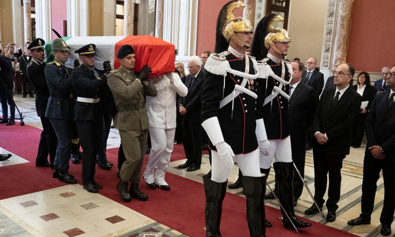 Pallbearers carry the casket of former Italian President Giorgio Napolitano during a state funeral in Rome, Italy, on Sept. 26, 2023.(Photo: Xinhua)