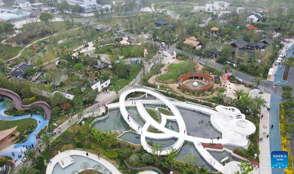 This aerial photo taken on Sept. 26, 2023 shows a view at the 14th China (Hefei) International Garden Expo in Hefei, east China's Anhui Province. The expo opened in Hefei on Tuesday, attracting 38 cities to showcase the characteristics of their gardens.(Photo: Xinhua)