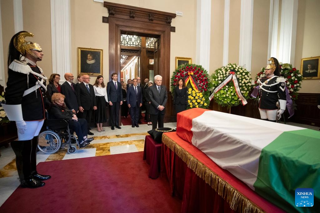 Italian President Sergio Mattarella (C) attends former Italian President Giorgio Napolitano's state funeral in Rome, Italy, on Sept. 26, 2023.(Photo: Xinhua)