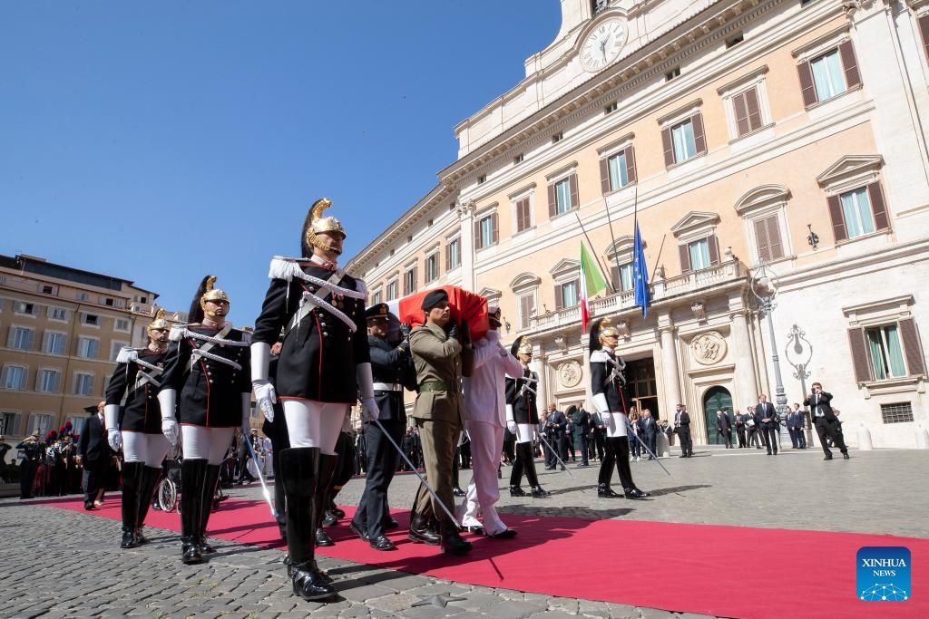 Pallbearers carry the casket of former Italian President Giorgio Napolitano during a state funeral in Rome, Italy, on Sept. 26, 2023.(Photo: Xinhua)