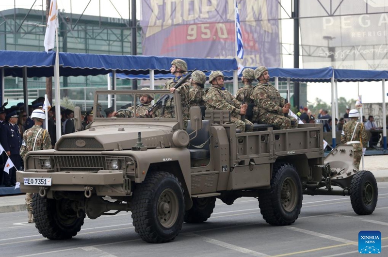 Soldiers of Cypriot National Guard take part in a military parade celebrating the 63rd Independence Day of Cyprus in Nicosia, Cyprus, Oct. 1, 2023. (Photo by George Christophorou/Xinhua)