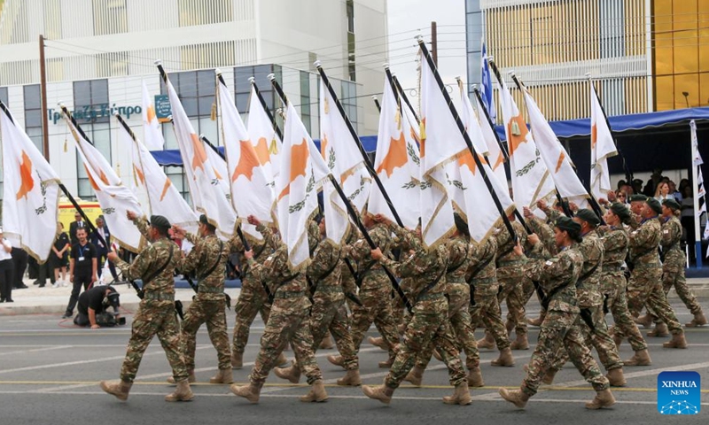 Soldiers of Cypriot National Guard march in a military parade celebrating the 63rd Independence Day of Cyprus in Nicosia, Cyprus, Oct. 1, 2023. (Photo by George Christophorou/Xinhua)