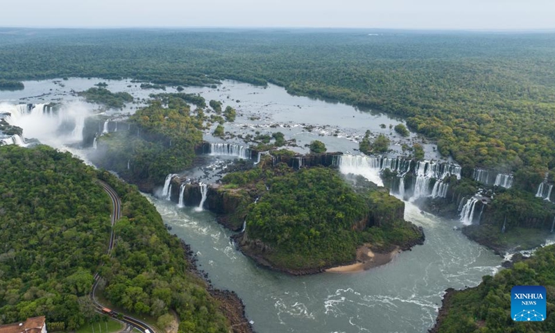 This aerial photo taken on Sept. 29, 2023 shows the Iguazu Falls at Iguazu National Park in the state of Parana, Brazil. (Xinhua/Wang Tiancong)