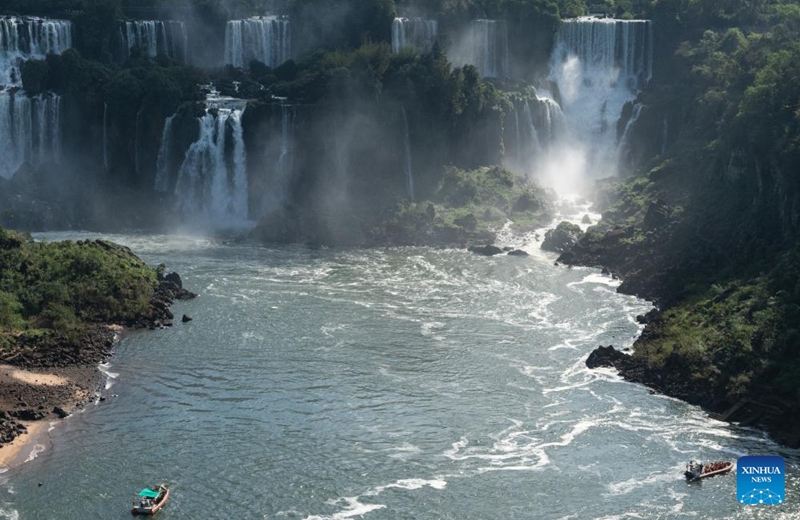 Tourists take boat tours visiting Iguazu National Park in the state of Parana, Brazil, Oct. 1, 2023. (Xinhua/Wang Tiancong)