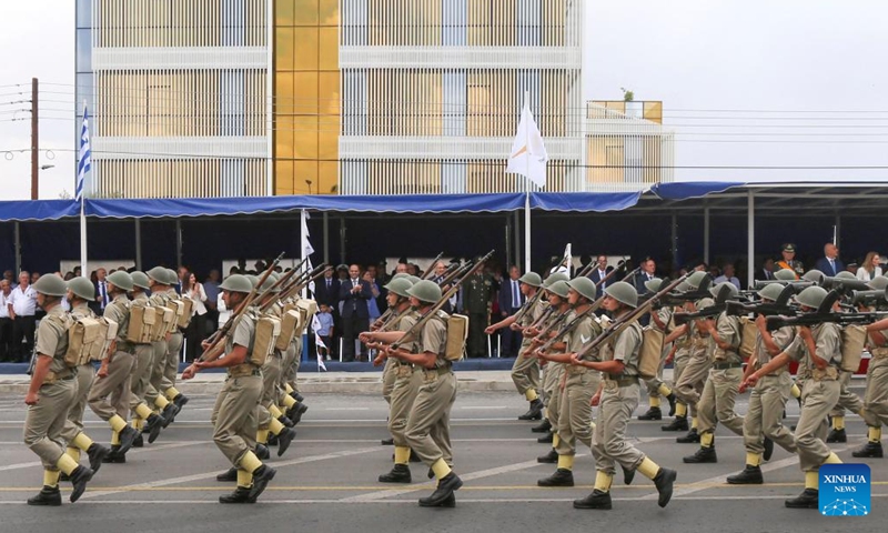 Soldiers of Cypriot National Guard march in a military parade celebrating the 63rd Independence Day of Cyprus in Nicosia, Cyprus, Oct. 1, 2023. (Photo by George Christophorou/Xinhua)