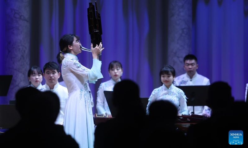 A member of China's Nanjing University's Traditional Instruments Orchestra plays Sheng during a concert of Chinese classical music in Ljubljana, Slovenia, on Oct. 2, 2023. Photo: Xinhua